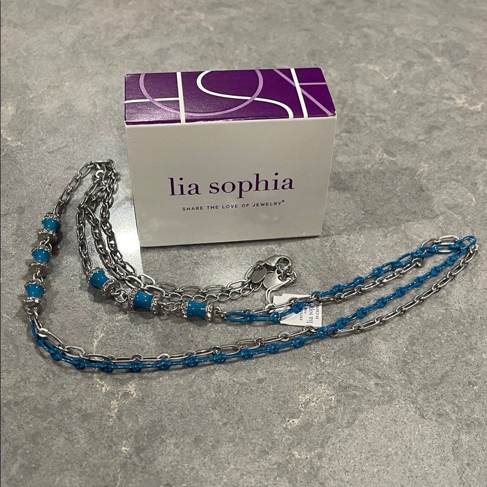 Lia Sophia Silver and Turquoise colored Necklace with Bead Accents 32” - 35”